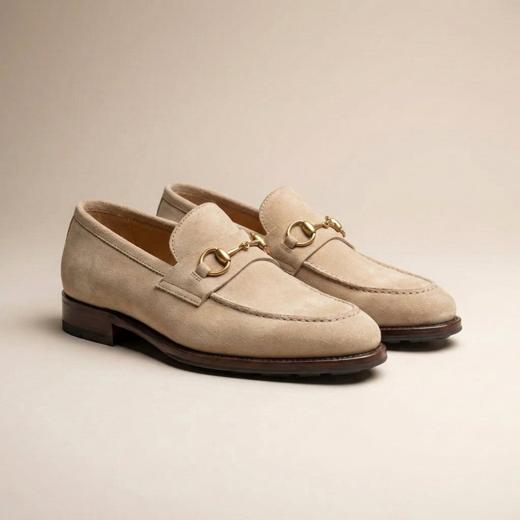 Cream Suede Solaro Horse Bit Loafer with Pebble Rubber Sole