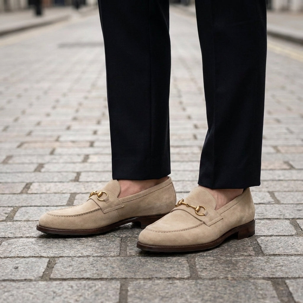 Cream Suede Solaro Horse Bit Loafer with Pebble Rubber Sole