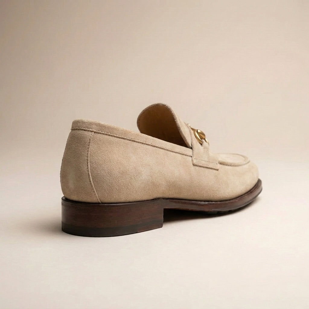 Cream Suede Solaro Horse Bit Loafer with Pebble Rubber Sole