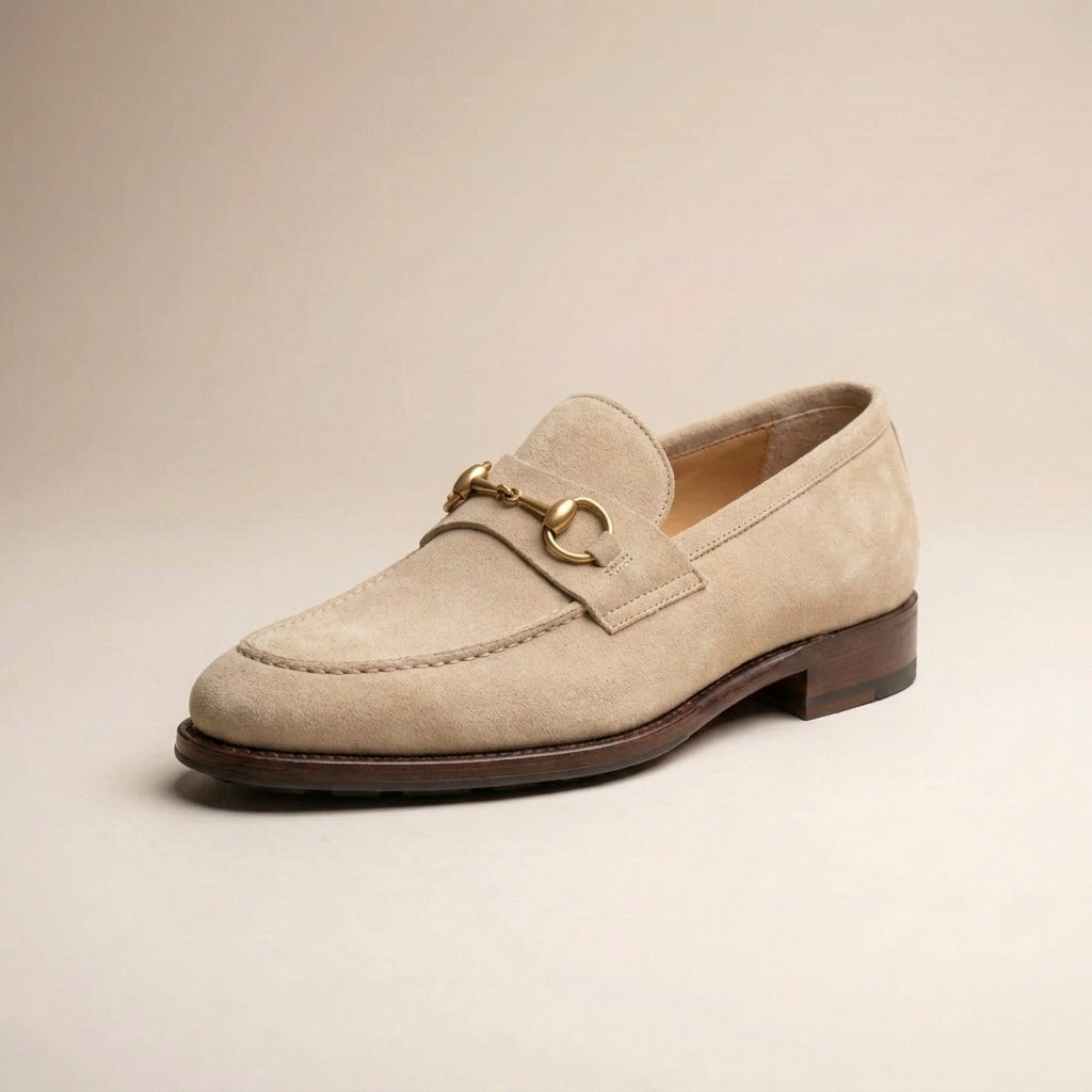 Cream Suede Solaro Horse Bit Loafer with Pebble Rubber Sole