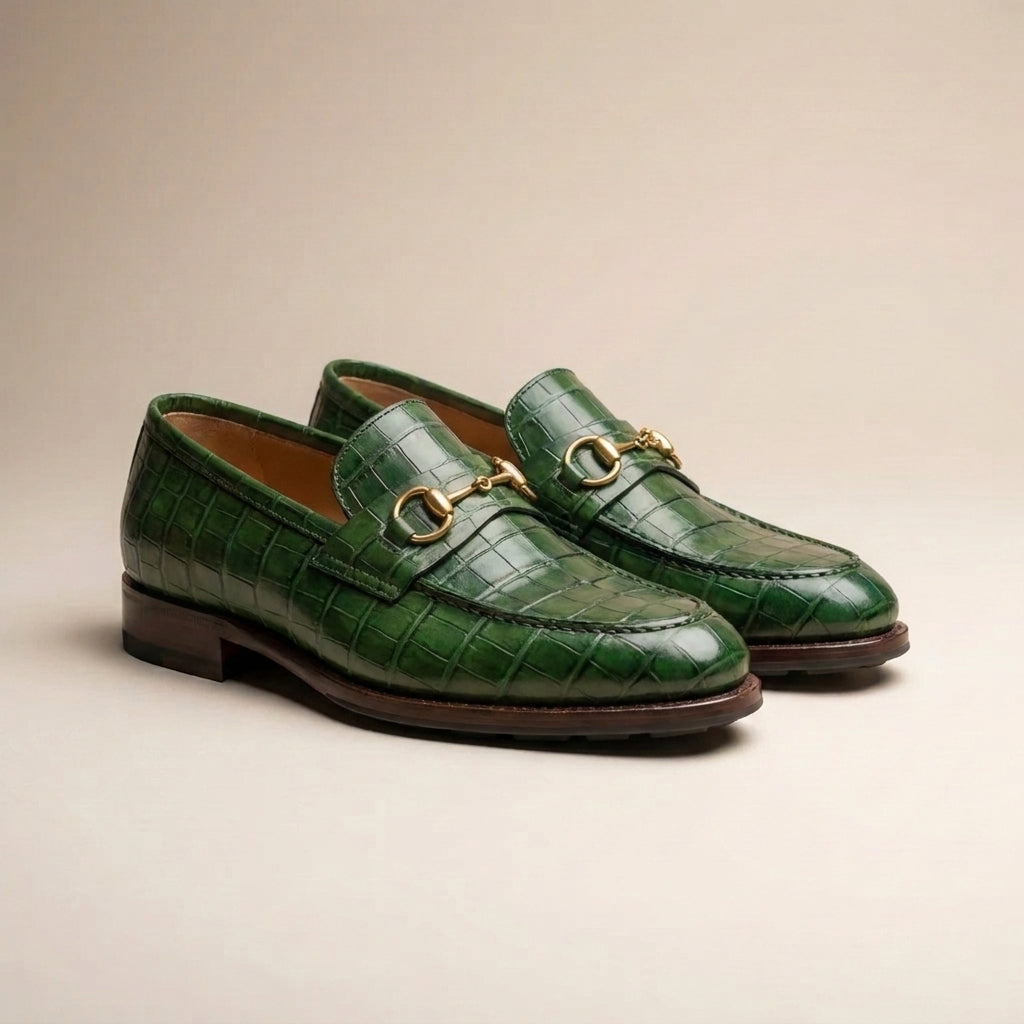 Green Crocodile-Print Leather Solaro Horse Bit Loafer with Pebble Rubber Sole