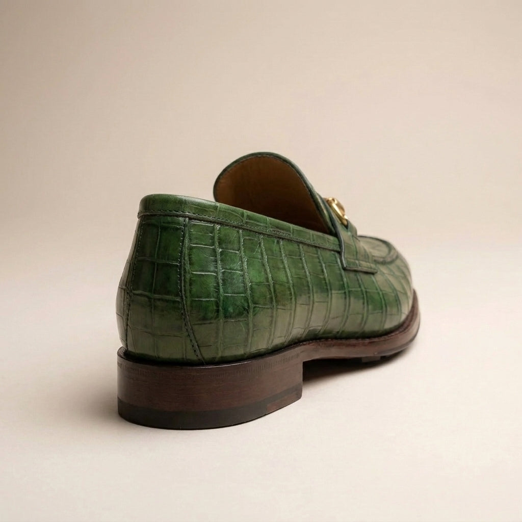 Green Crocodile-Print Leather Solaro Horse Bit Loafer with Pebble Rubber Sole