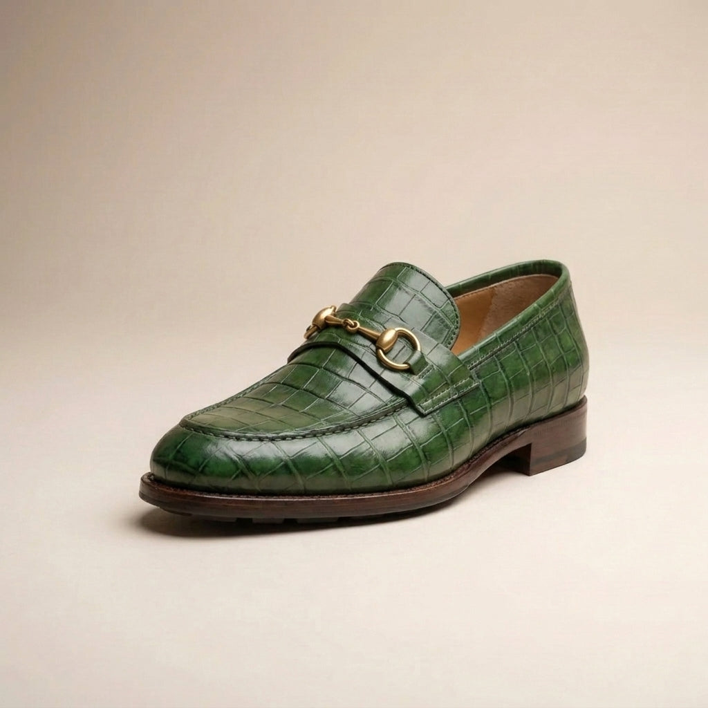 Green Crocodile-Print Leather Solaro Horse Bit Loafer with Pebble Rubber Sole