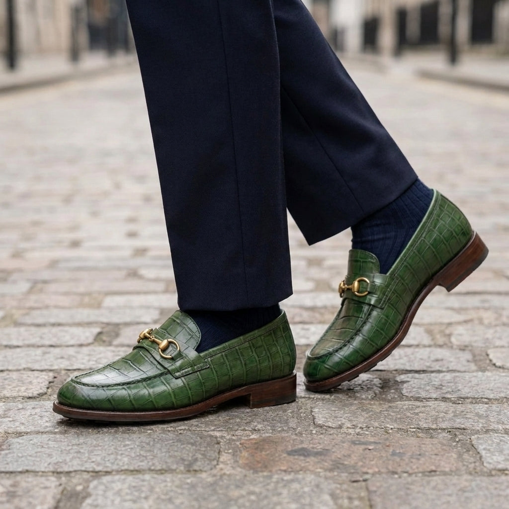 Green Crocodile-Print Leather Solaro Horse Bit Loafer with Pebble Rubber Sole