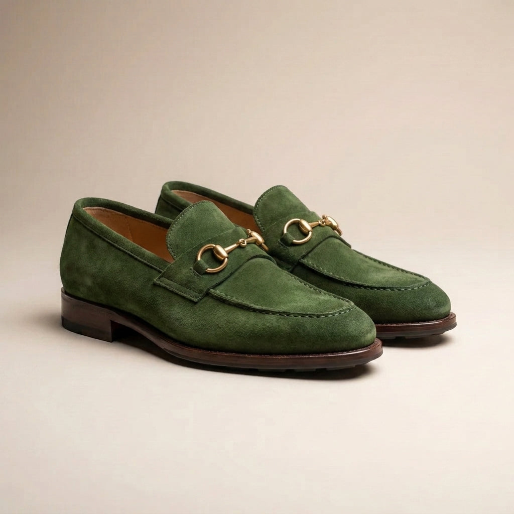 Green Suede Solaro Horse Bit Loafer with Pebble Rubber Sole