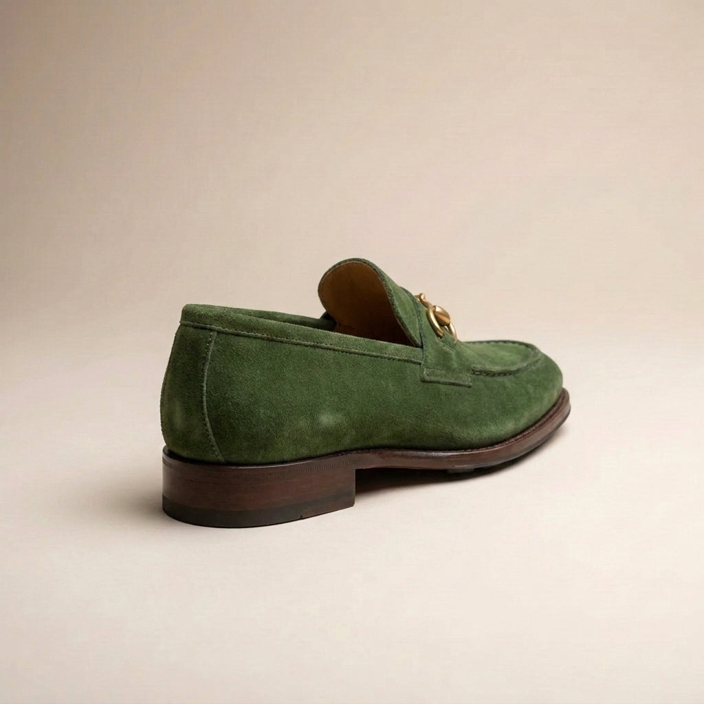 Green Suede Solaro Horse Bit Loafer with Pebble Rubber Sole