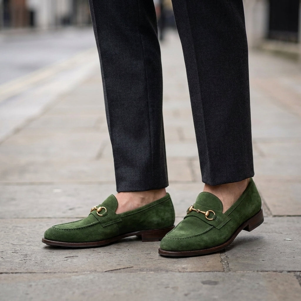 Green Suede Solaro Horse Bit Loafer with Pebble Rubber Sole