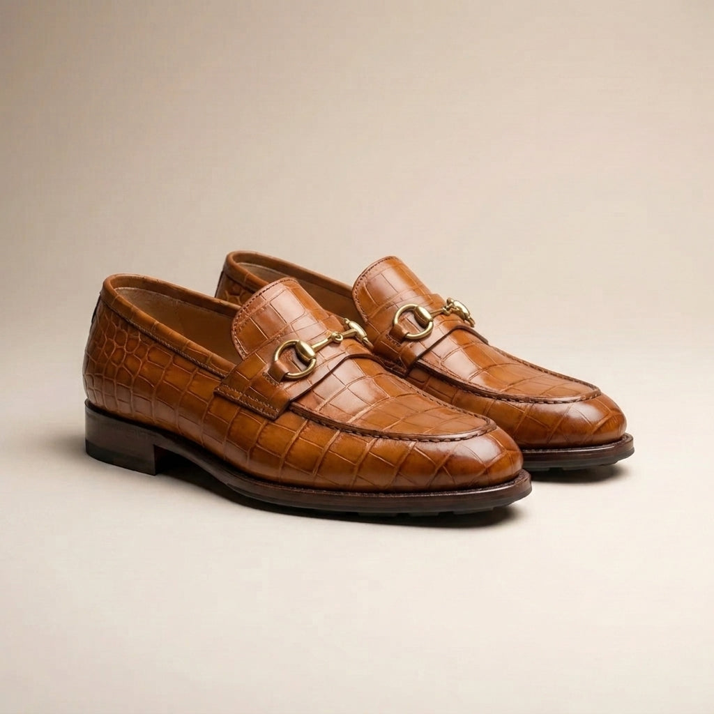 Tan Crocodile-Print Leather Solaro Horse Bit Loafer with Pebble Rubber Sole