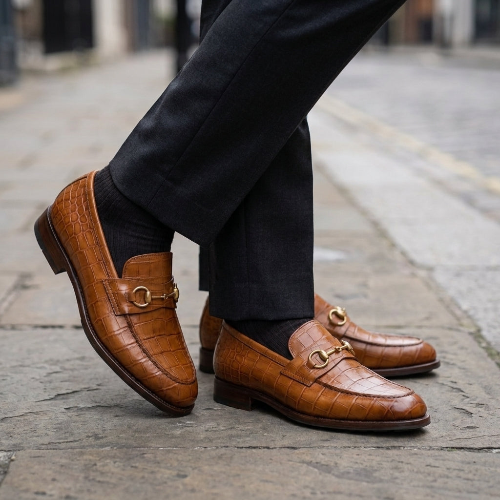 Tan Crocodile-Print Leather Solaro Horse Bit Loafer with Pebble Rubber Sole