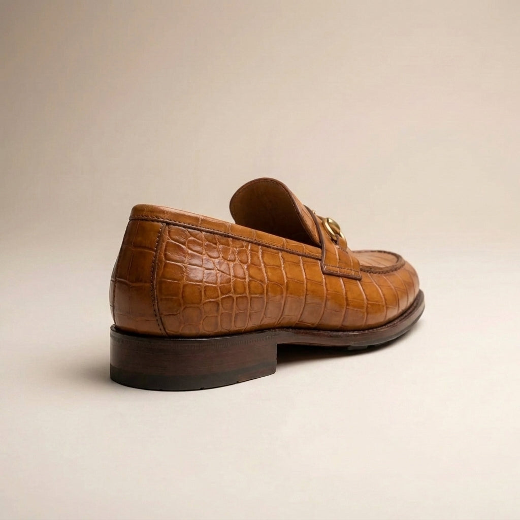 Tan Crocodile-Print Leather Solaro Horse Bit Loafer with Pebble Rubber Sole