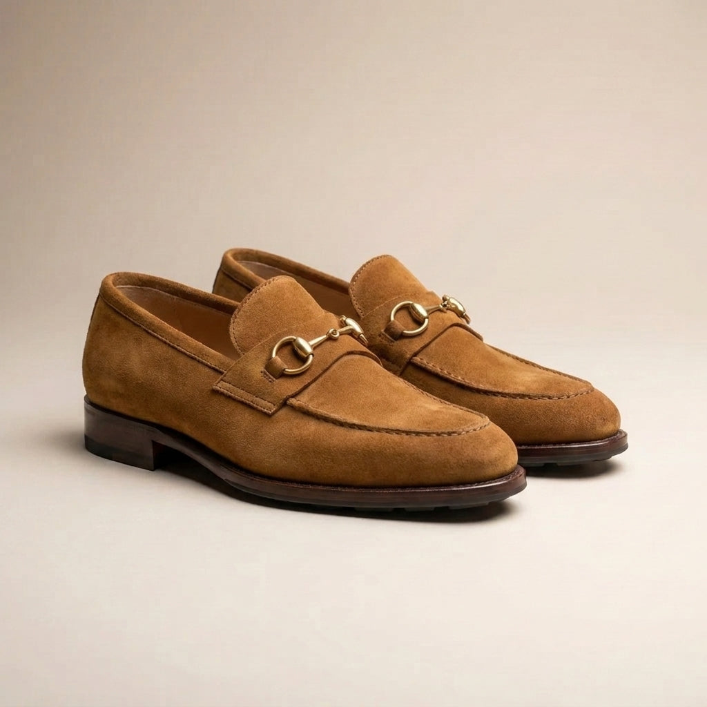Tan Suede Solaro Horse Bit Loafer with Pebble Rubber Sole