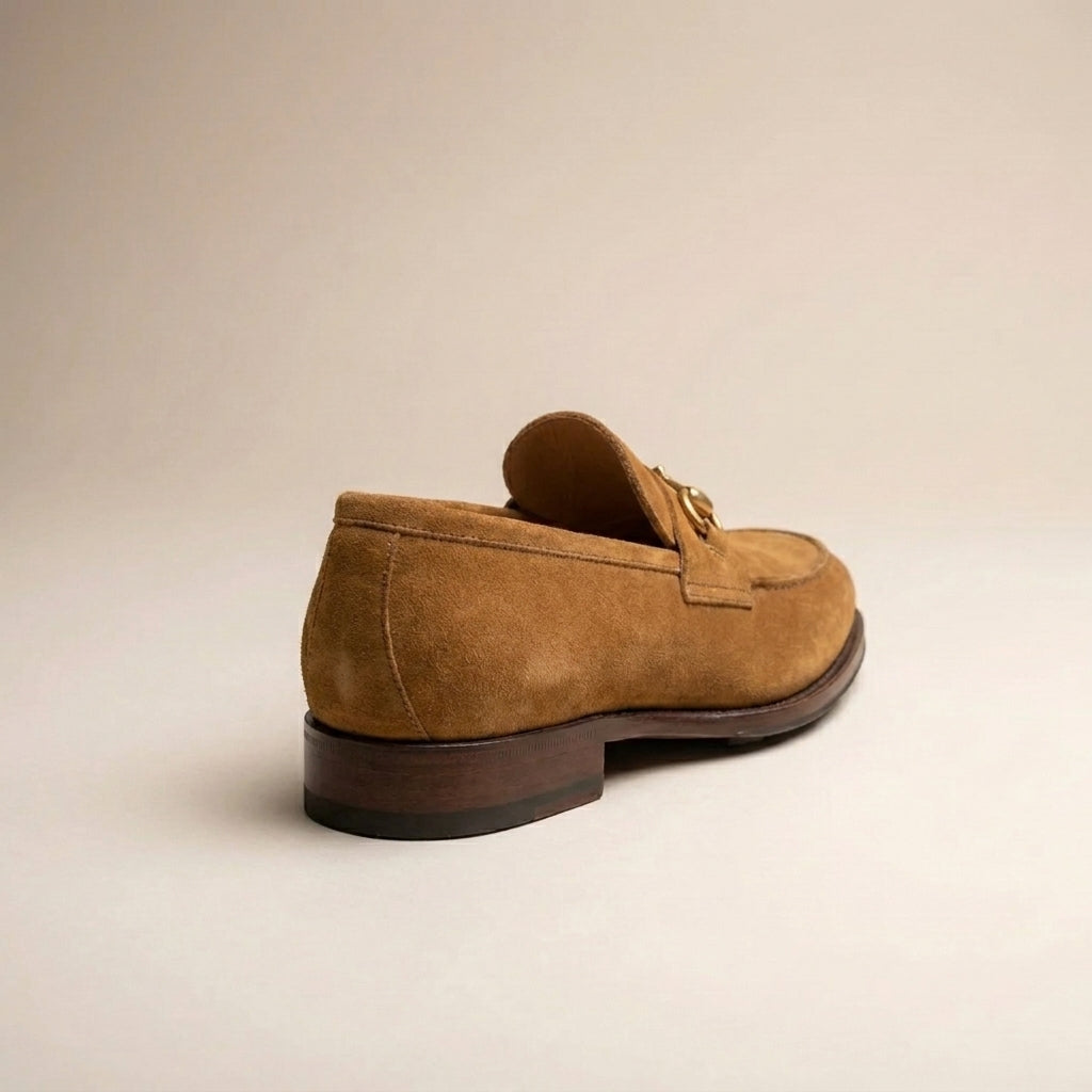 Tan Suede Solaro Horse Bit Loafer with Pebble Rubber Sole