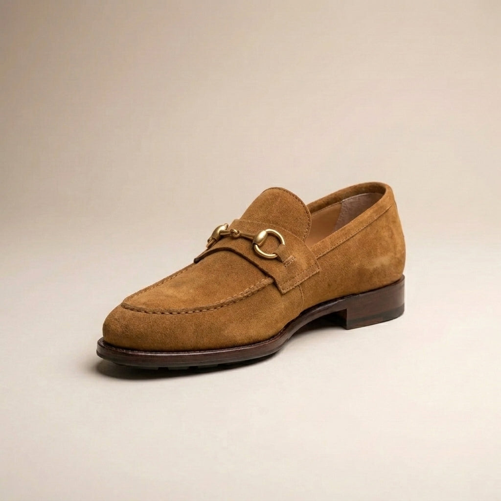 Tan Suede Solaro Horse Bit Loafer with Pebble Rubber Sole