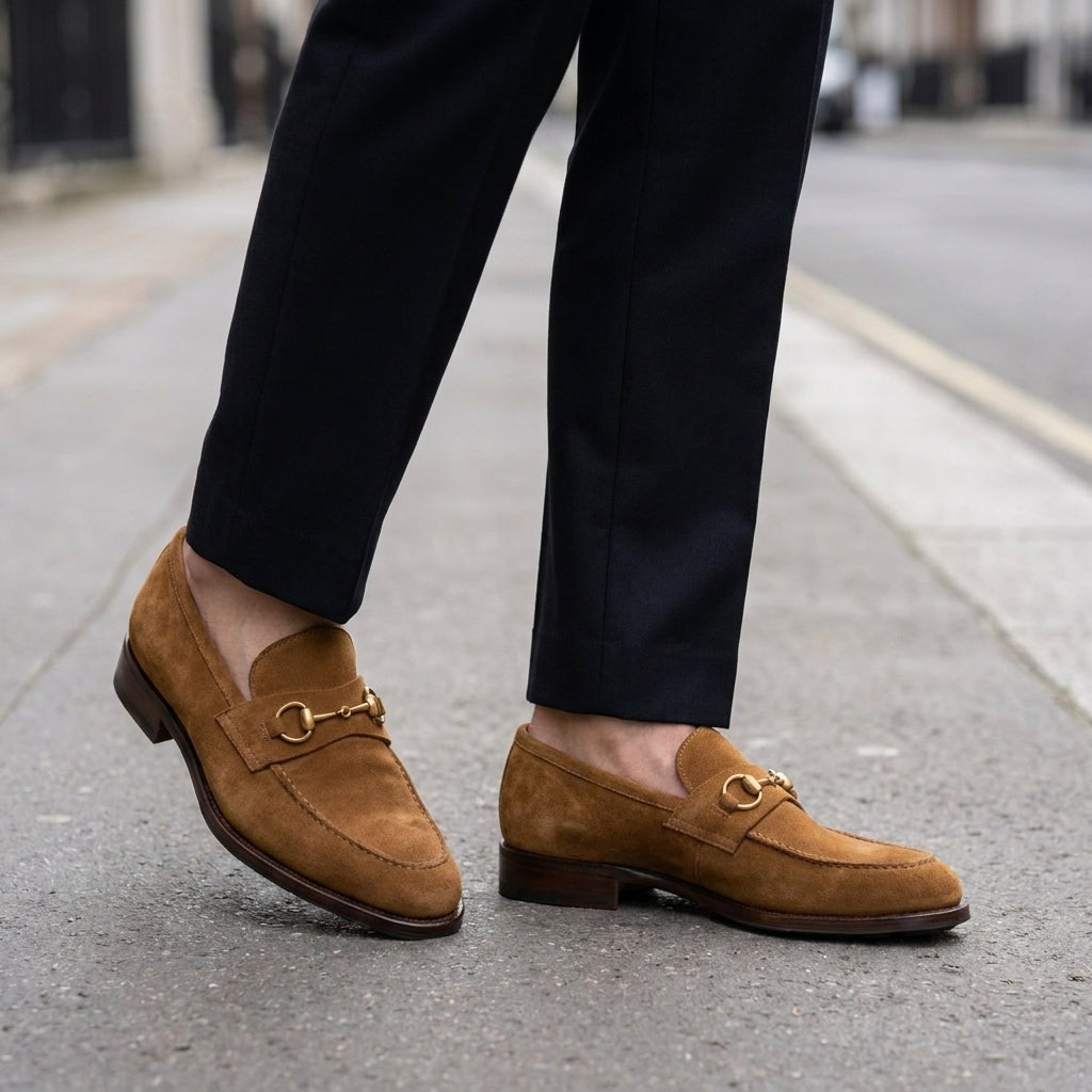 Tan Suede Solaro Horse Bit Loafer with Pebble Rubber Sole