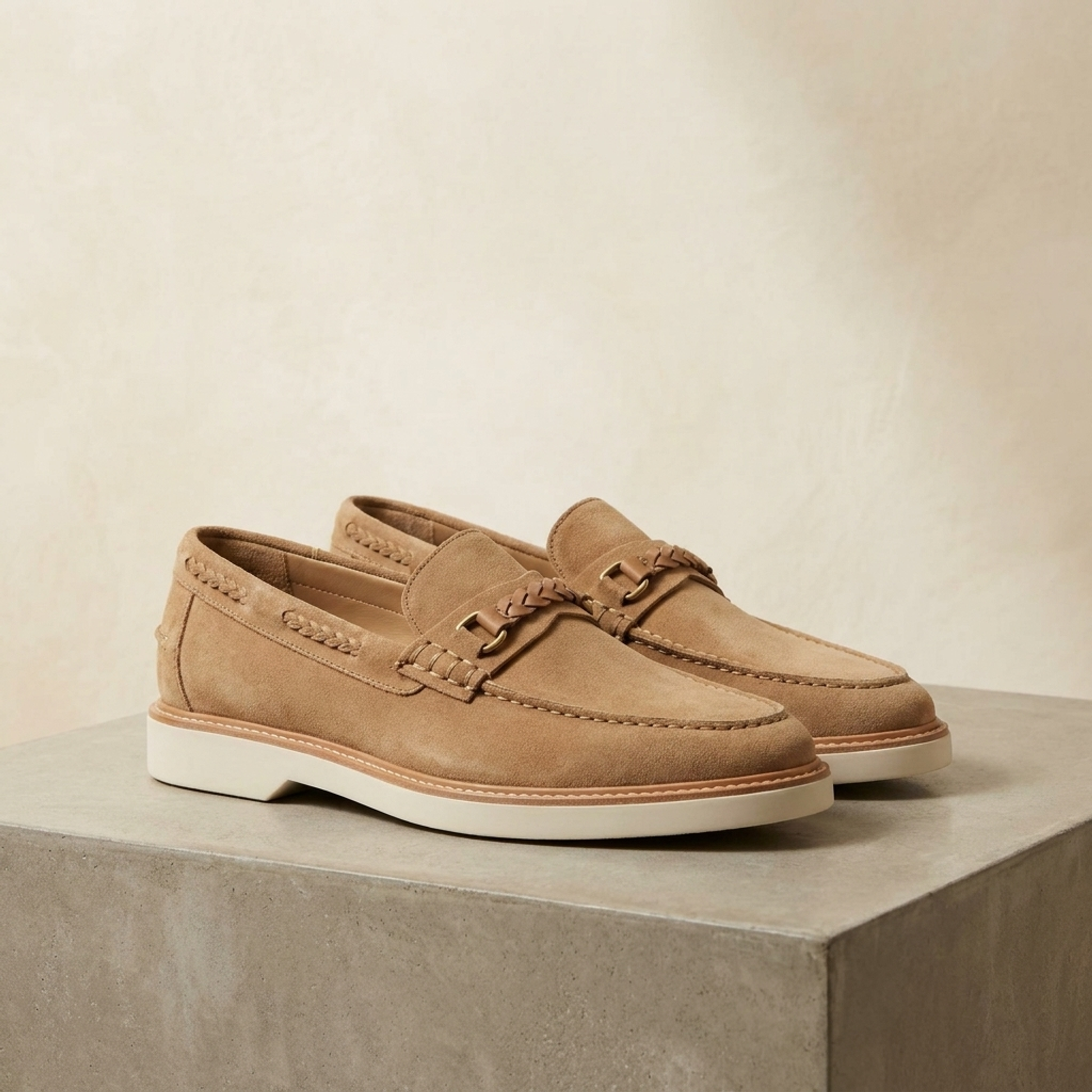 Height Increasing Tan Suede Mildew Loafer with White Yacht Sole - 3 Inch Hidden Heel