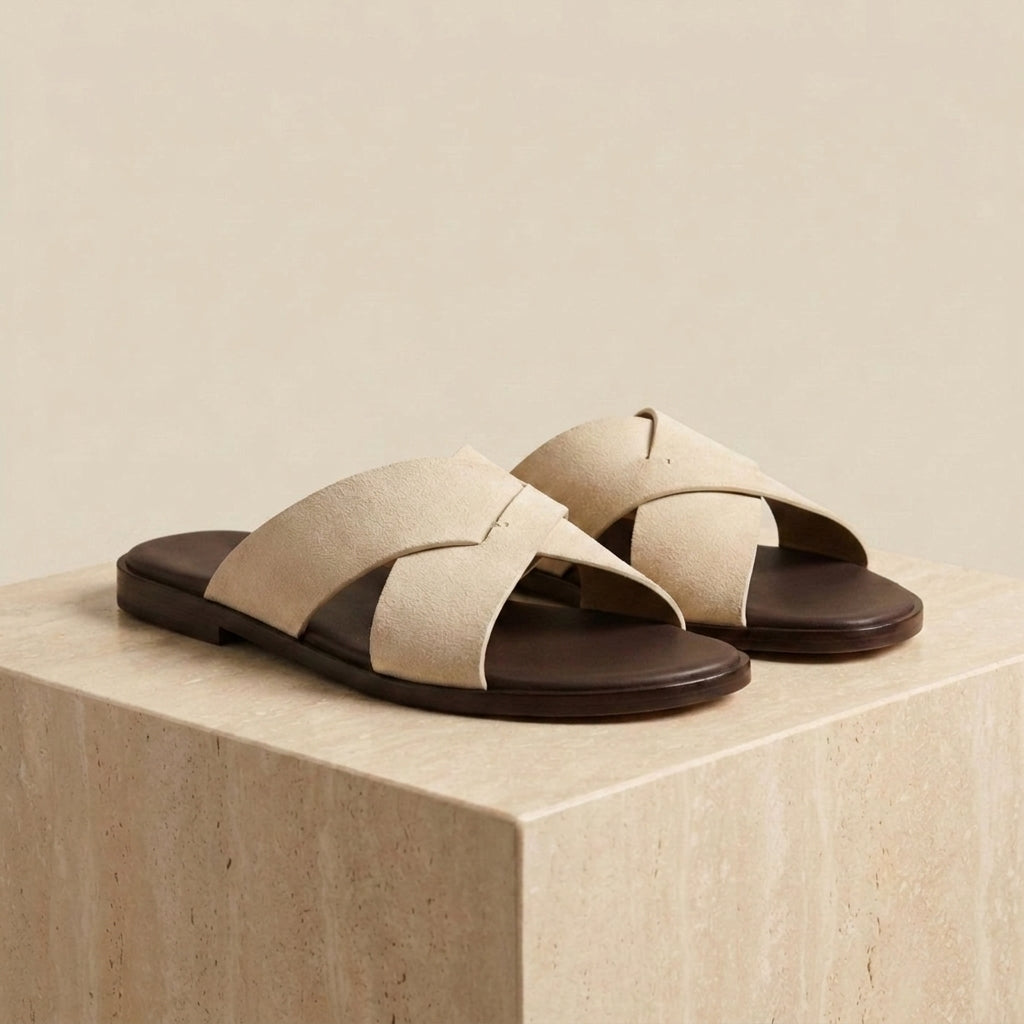 Cream Suede Cervo Cross-Strap Slide Sandal