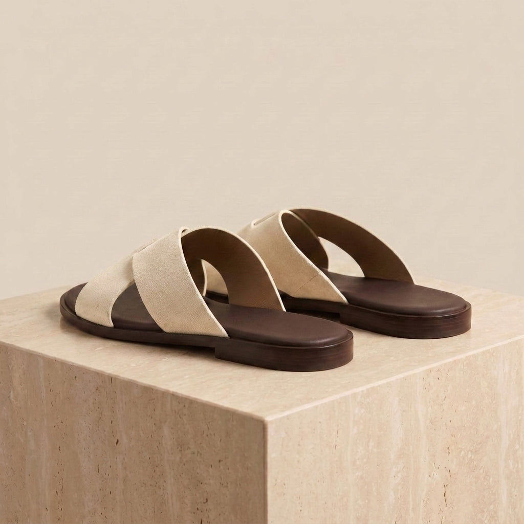 Cream Suede Cervo Cross-Strap Slide Sandal