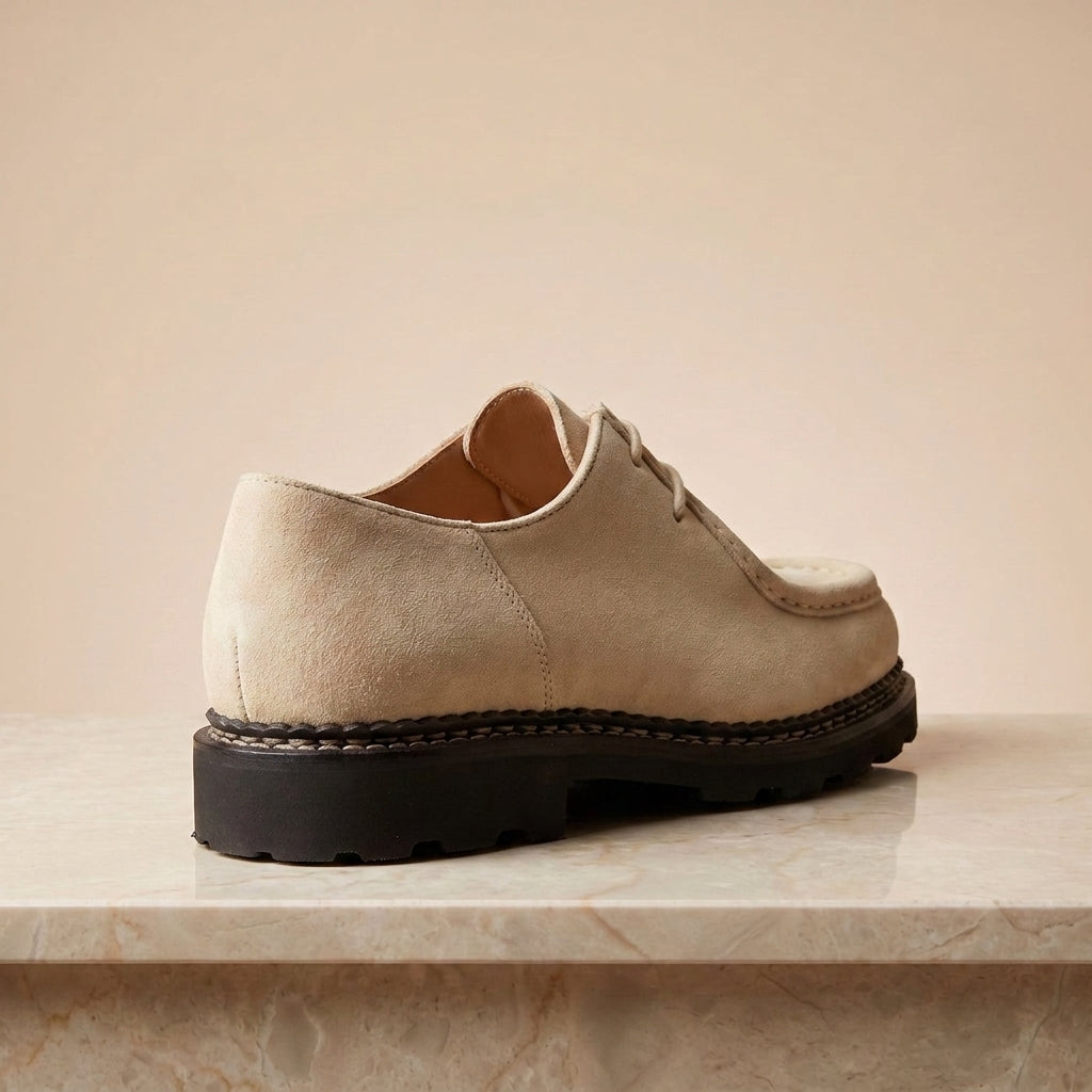 Height Increasing Cream Suede Levante Apron Moc-Toe Derby - 3 Inch Hidden Heel
