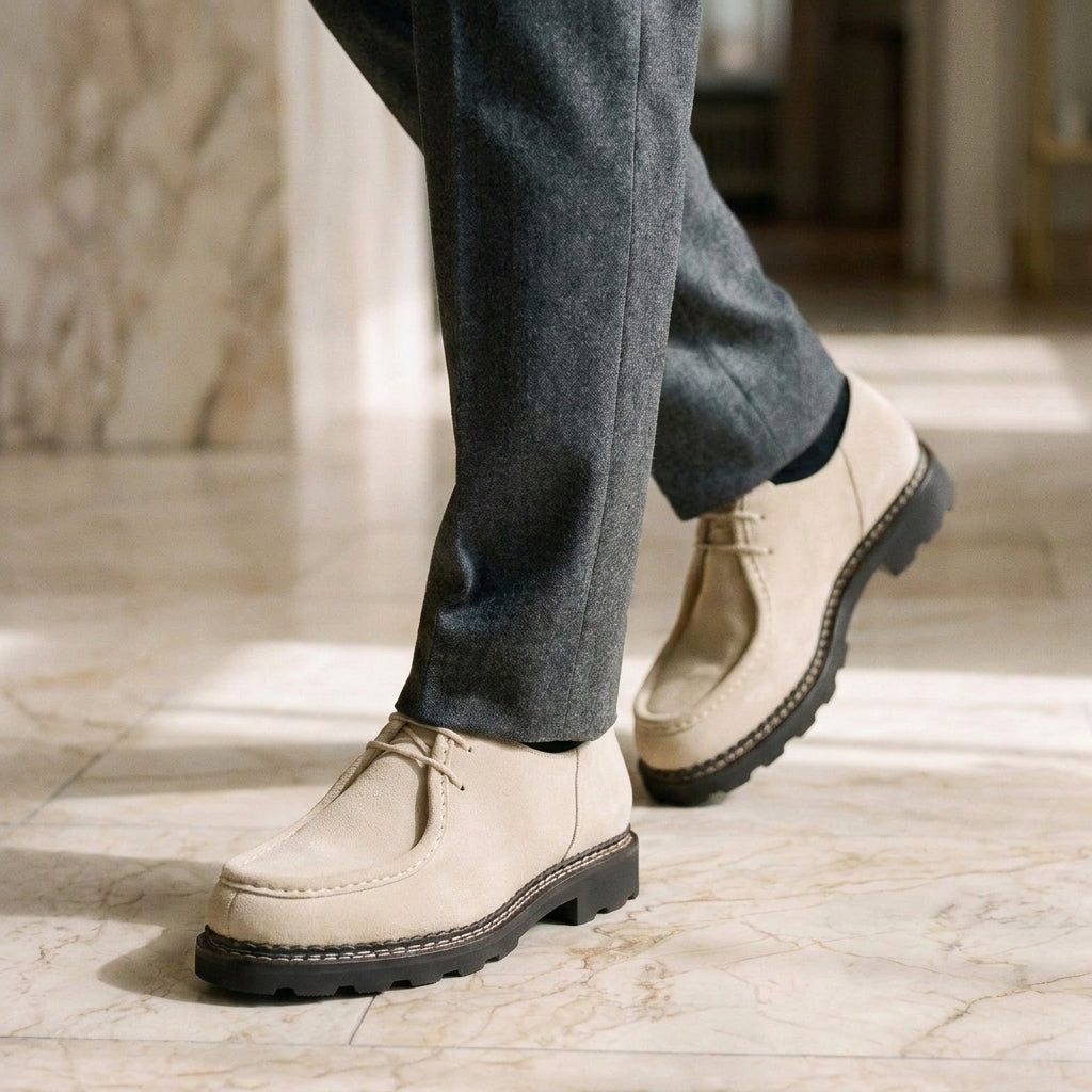 Cream Suede Levante Apron Moc-Toe Derby