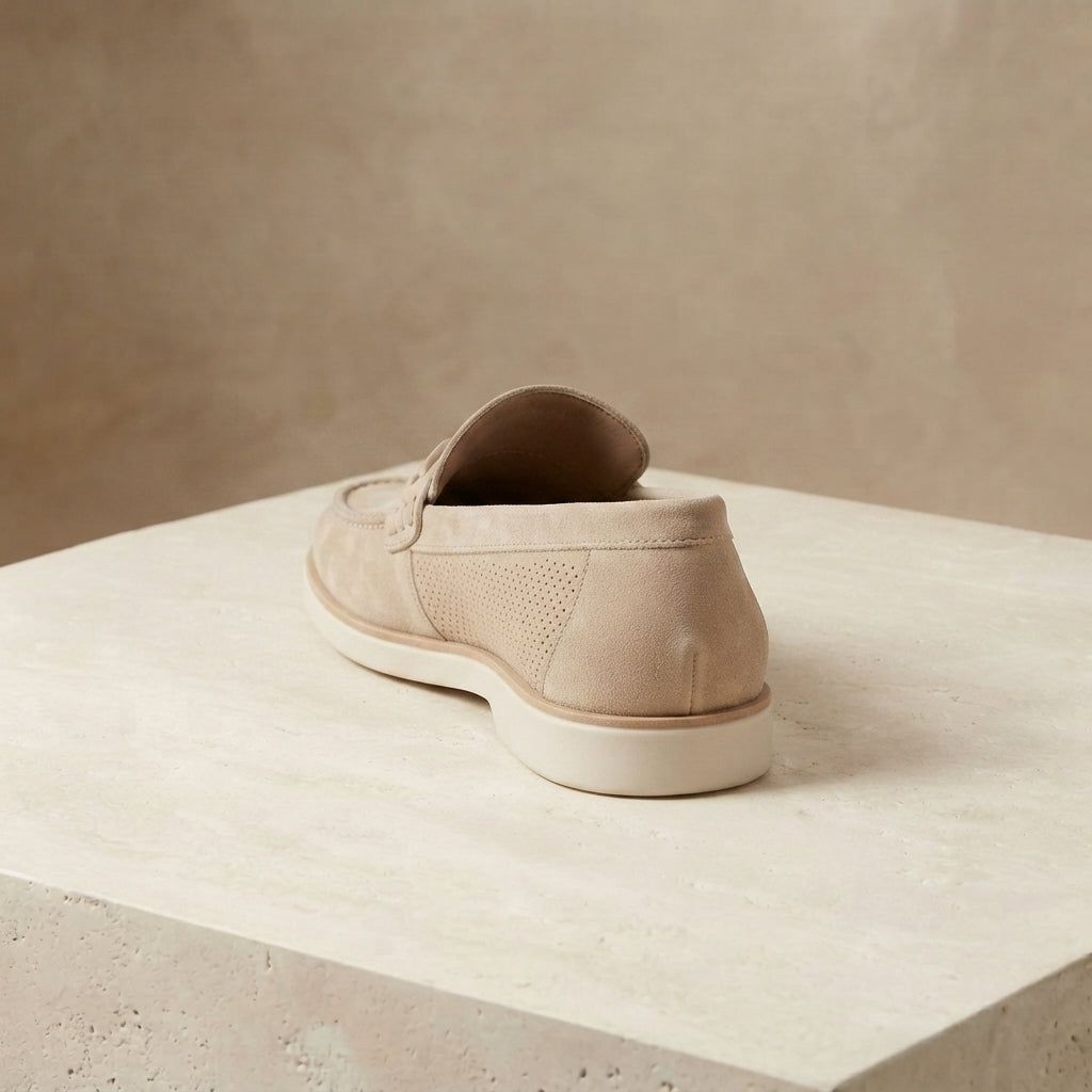 Height Increasing Beige Suede Mildew Loafer with White Yacht Sole - 3 Inch Elevator Shoes – heel view