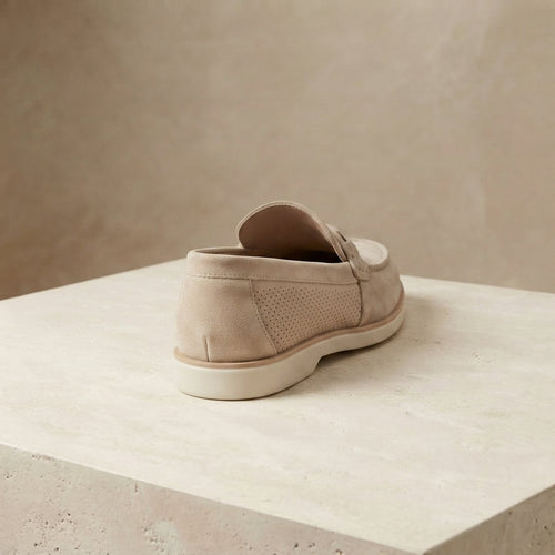 Beige Suede Mildew Loafer with White Yacht Sole – heel view