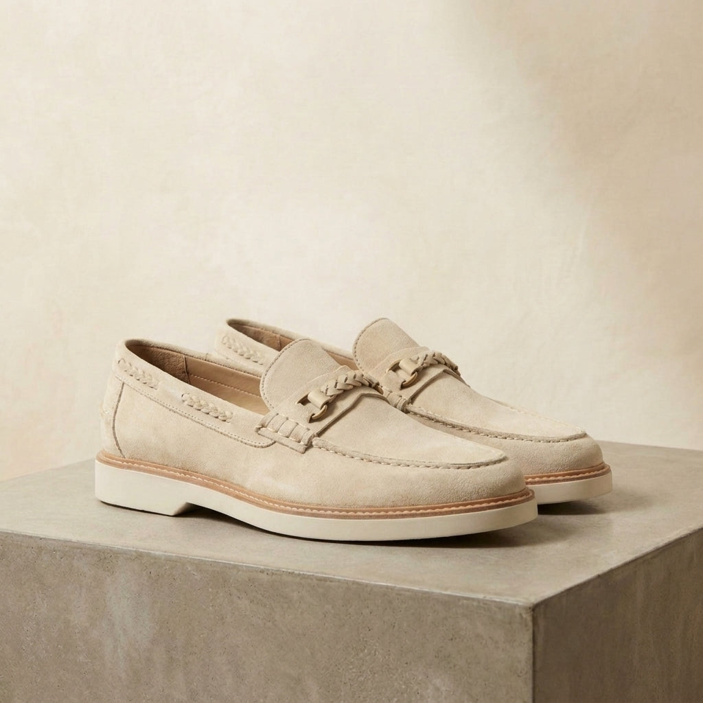 Height Increasing Cream Suede Zoagli Horse Bit Loafer with White Yacht Sole - 3 Inch Hidden Heel