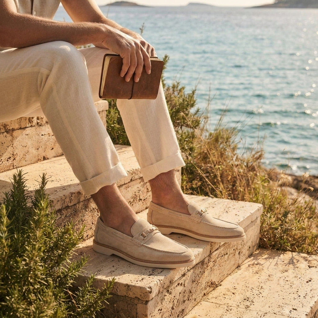 Cream Suede Zoagli Horse Bit Loafer with White Yacht Sole