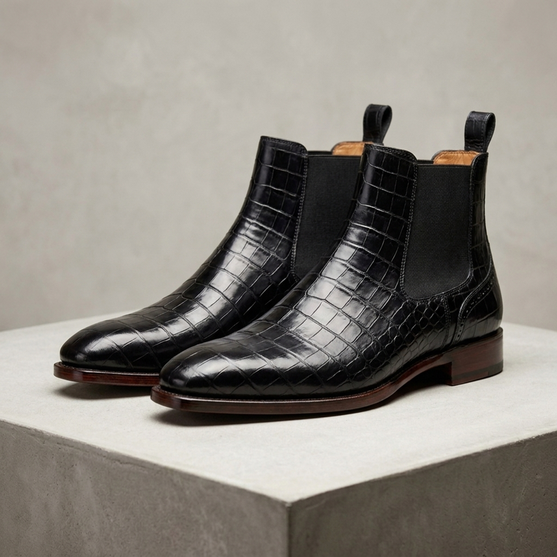 Black Crocodile-Print Leather Tramontana Chelsea Boot with Natural Leather Sole