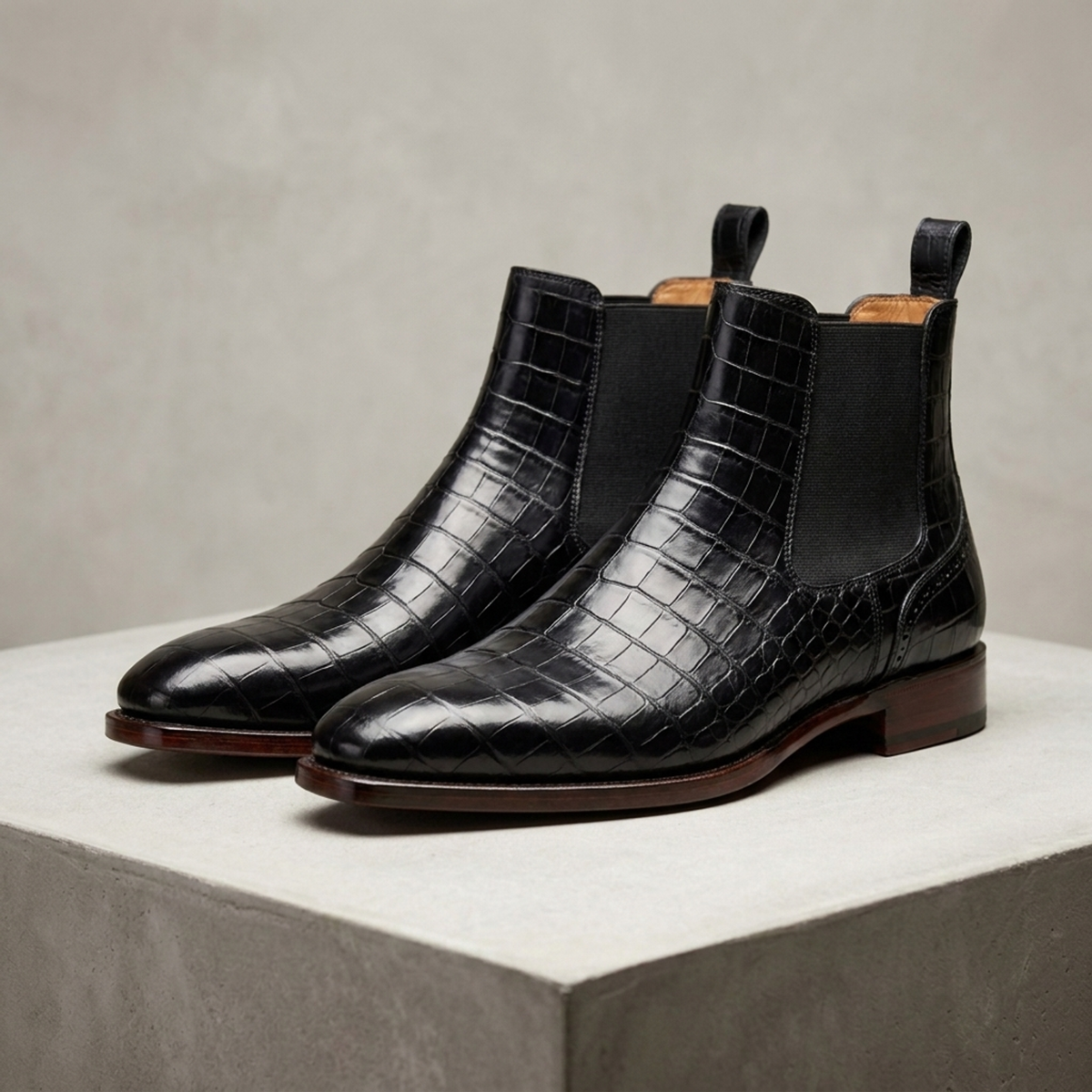 Black Crocodile-Print Leather Tramontana Chelsea Boot with Natural Leather Sole