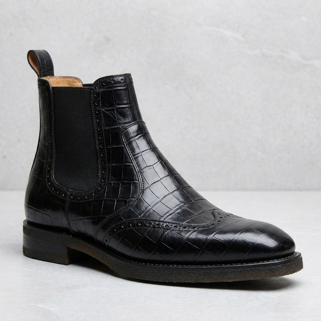 Height Increasing Black Crocodile-Print Leather Tramontana Chelsea Boot with Natural Leather Sole - 3 Inch Hidden Heel