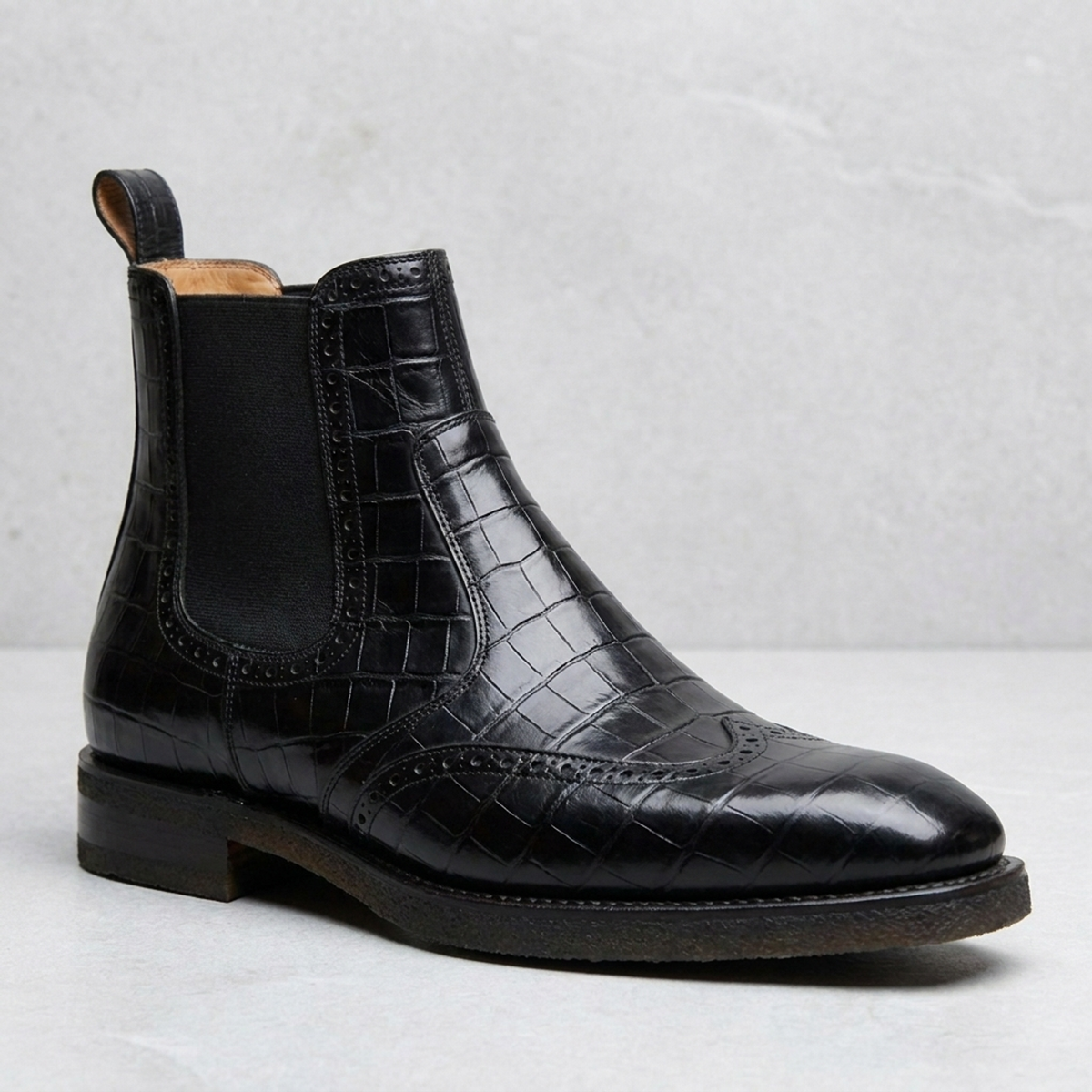 Black Crocodile-Print Leather Laigueglia Wingtip Chelsea Boot with Natural Leather Sole