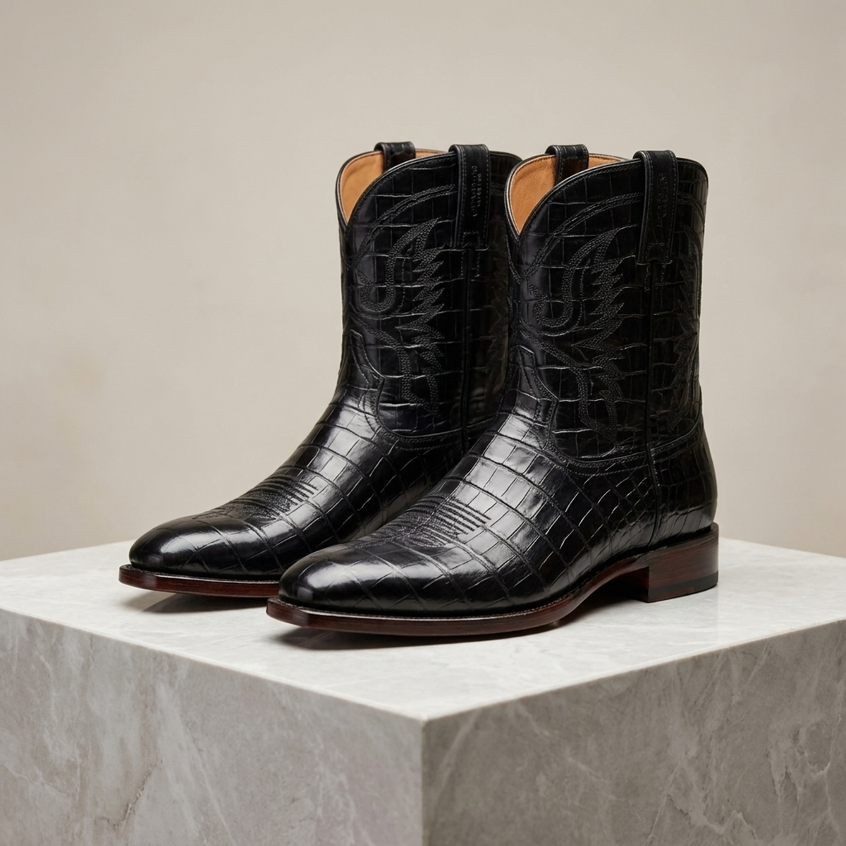 Black Crocodile-Print Leather Diano Cowboy Boot with Natural Leather Sole