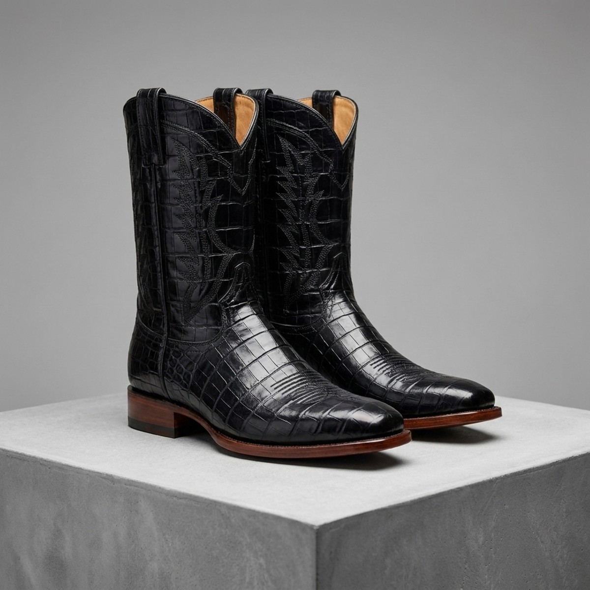 Height Increasing Black Crocodile-Print Leather Burrasca Cowboy Boot with Natural Leather Sole - 3 Inch Hidden Heel