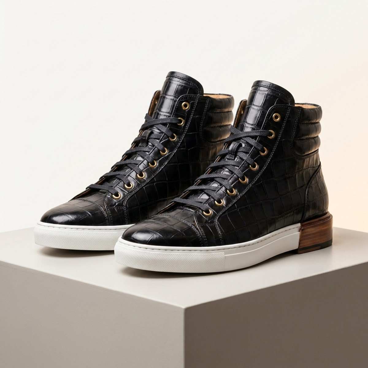Black Crocodile-Print Leather Maestrale High-Top Lace-Up Sneaker