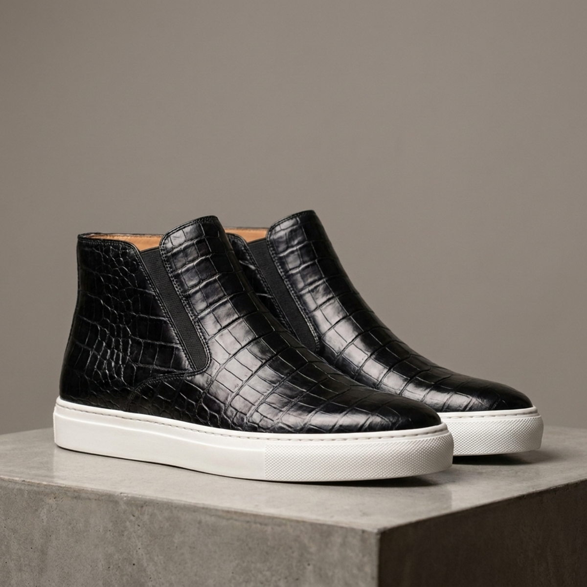 Height Increasing Black Crocodile-Print Leather Maestrale High-Top Slip-On Sneaker - 3 Inch Hidden Heel