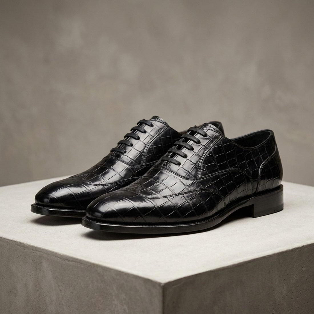 Height Increasing Black Crocodile-Print Leather Marmolada Cap-Toe Oxford - 3 Inch Hidden Heel