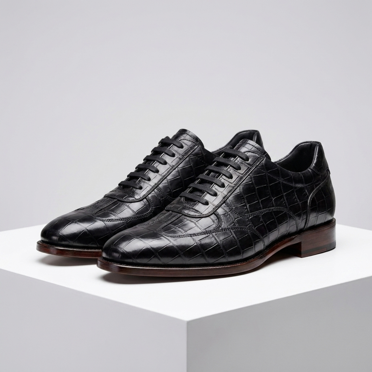 Height Increasing Black Crocodile-Print Leather Dolomiti Lace-Up Oxford - 3 Inch Hidden Heel