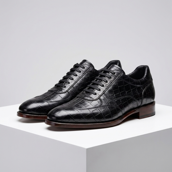 Height Increasing Black Crocodile-Print Leather Dolomiti Lace-Up Oxford - 3 Inch Hidden Heel