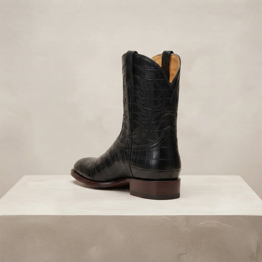 Height Increasing Black Crocodile-Print Leather Burrasca Cowboy Boot with Natural Leather Sole - 3 Inch Hidden Heel – heel view