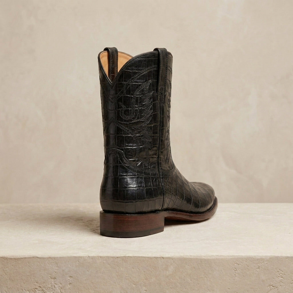 Black Crocodile-Print Leather Burrasca Cowboy Boot with Natural Leather Sole – heel view