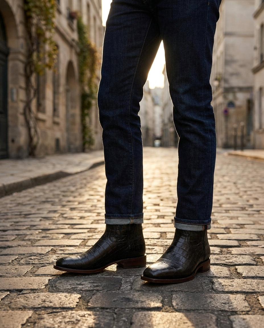 Black Crocodile-Print Leather Burrasca Cowboy Boot with Natural Leather Sole – lifestyle
