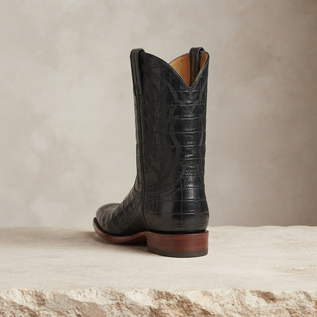 Height Increasing Black Crocodile-Print Leather Burrasca Cowboy Boot with Natural Leather Sole - 3 Inch Hidden Heel – heel view