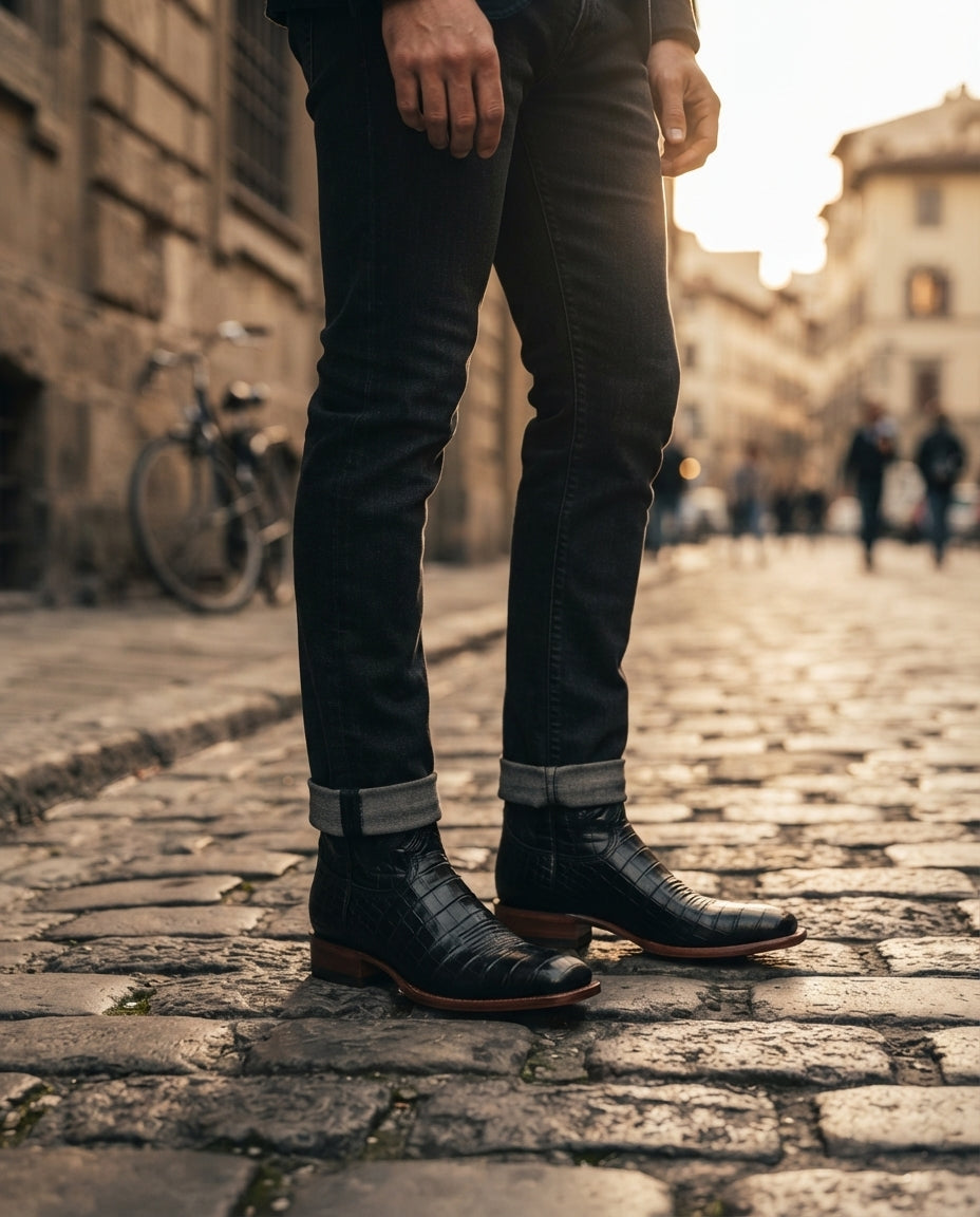 Height Increasing Black Crocodile-Print Leather Burrasca Cowboy Boot with Natural Leather Sole - 3 Inch Hidden Heel – lifestyle