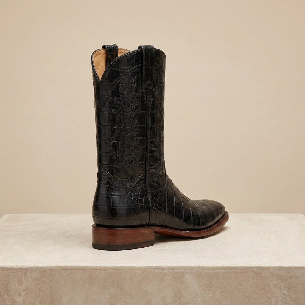 Black Crocodile-Print Leather Burrasca Cowboy Boot with Natural Leather Sole – heel view