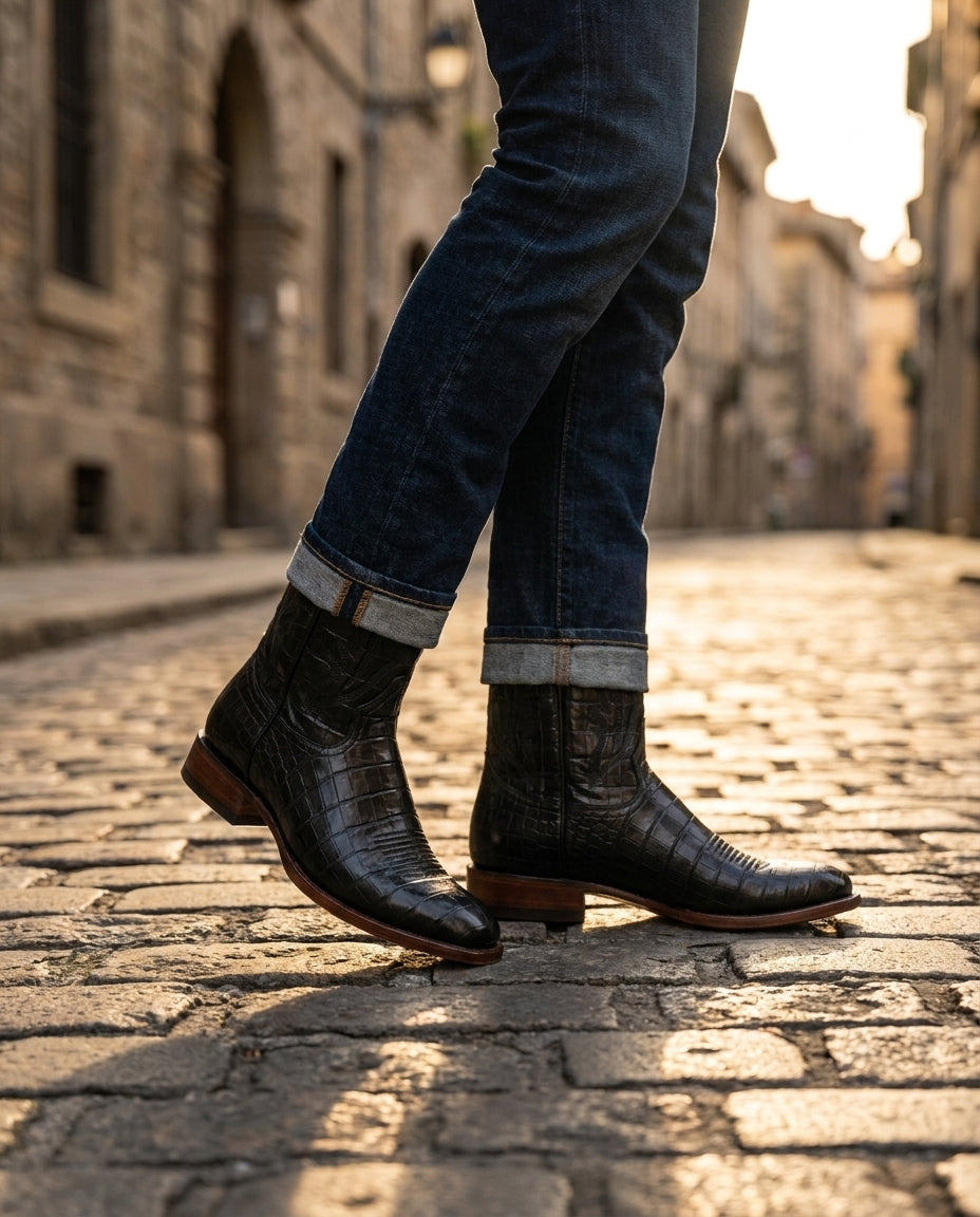 Black Crocodile-Print Leather Burrasca Cowboy Boot with Natural Leather Sole – lifestyle