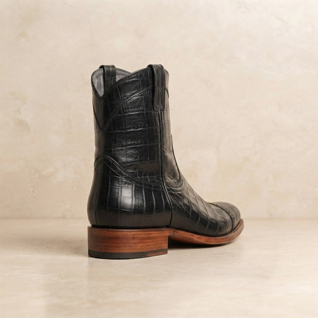 Height Increasing Black Crocodile-Print Leather Burrasca Zipper Cowboy Boot with Natural Leather Sole - 3 Inch Hidden Heel – heel view