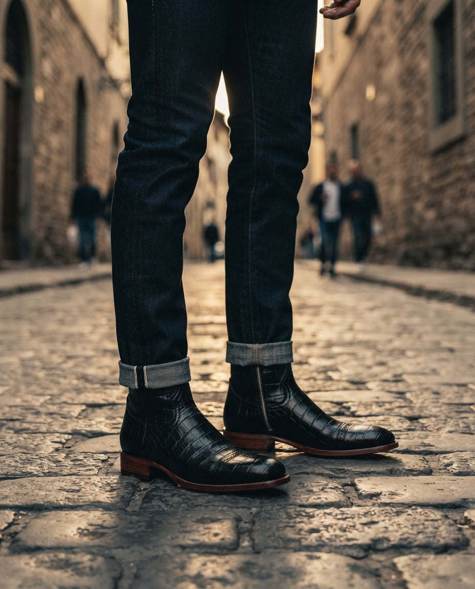 Height Increasing Black Crocodile-Print Leather Burrasca Zipper Cowboy Boot with Natural Leather Sole - 3 Inch Hidden Heel – lifestyle