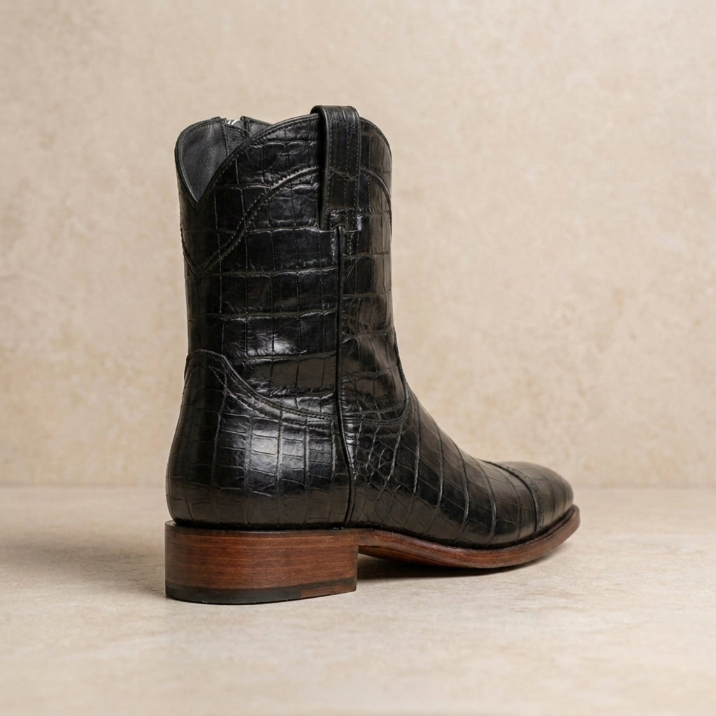 Black Crocodile-Print Leather Burrasca Zipper Cowboy Boot with Natural Leather Sole – heel view