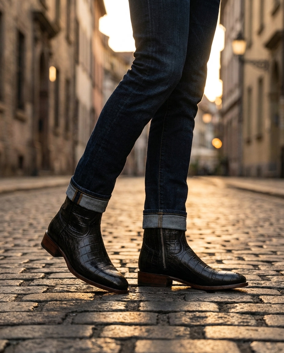 Black Crocodile-Print Leather Burrasca Zipper Cowboy Boot with Natural Leather Sole – lifestyle