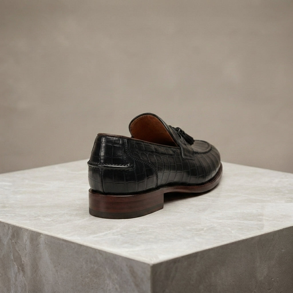 Height Increasing Black Crocodile-Print Leather Favonio Tassel Loafer with Natural Leather Sole - 3 Inch Hidden Heel – heel view